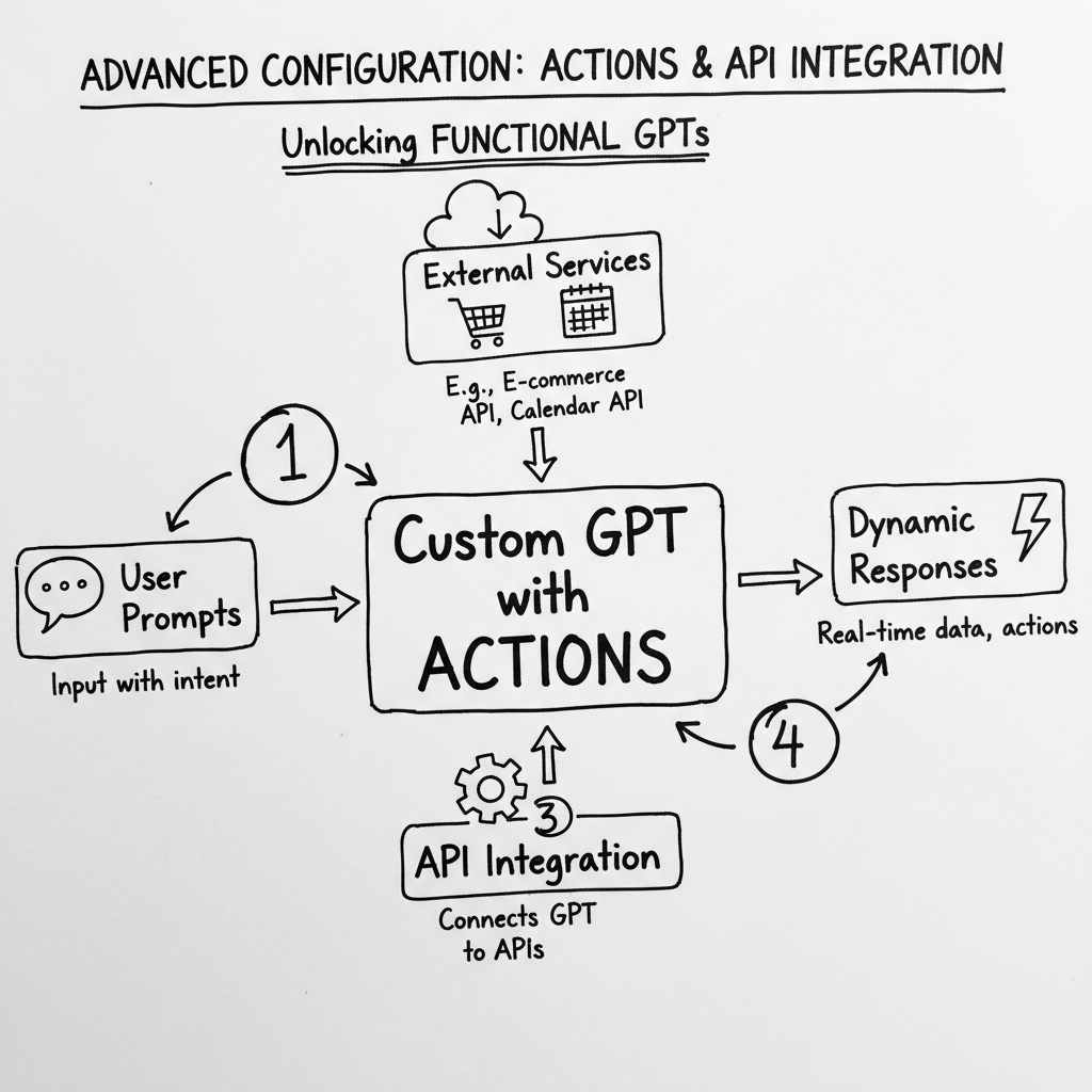 Whiteboard concept diagram for Advanced Configuration: Actions and API Integration