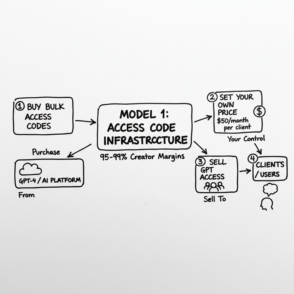 Whiteboard concept diagram for Model 1: Access Code Infrastructure (95-99% Creator Margins)